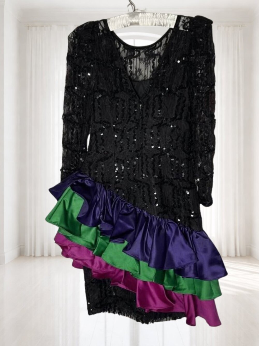 Vintage 80s Neiman Marcus After Five Sequin Lace Dress Ruffle Satin Flower Party - Picture 3 of 14